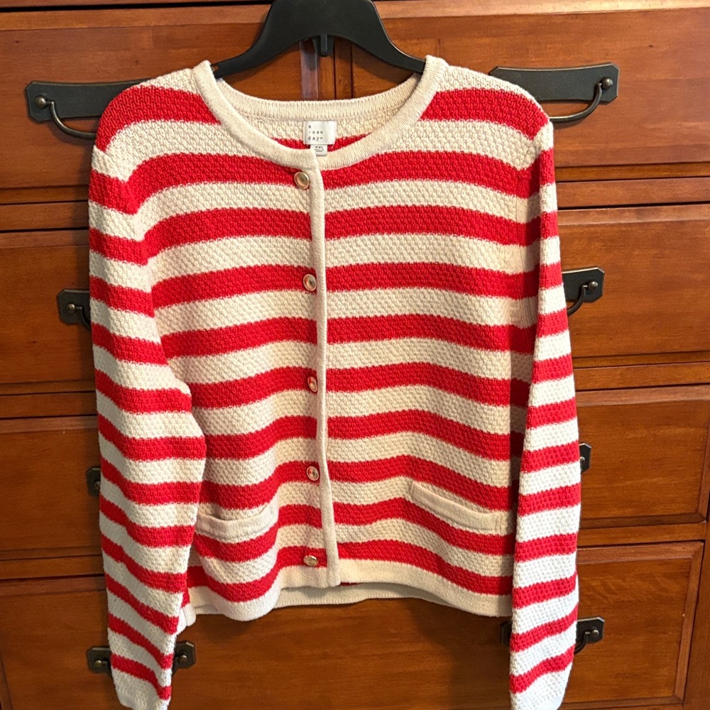 a new day Red and Cream Striped Button-Front Cardigan